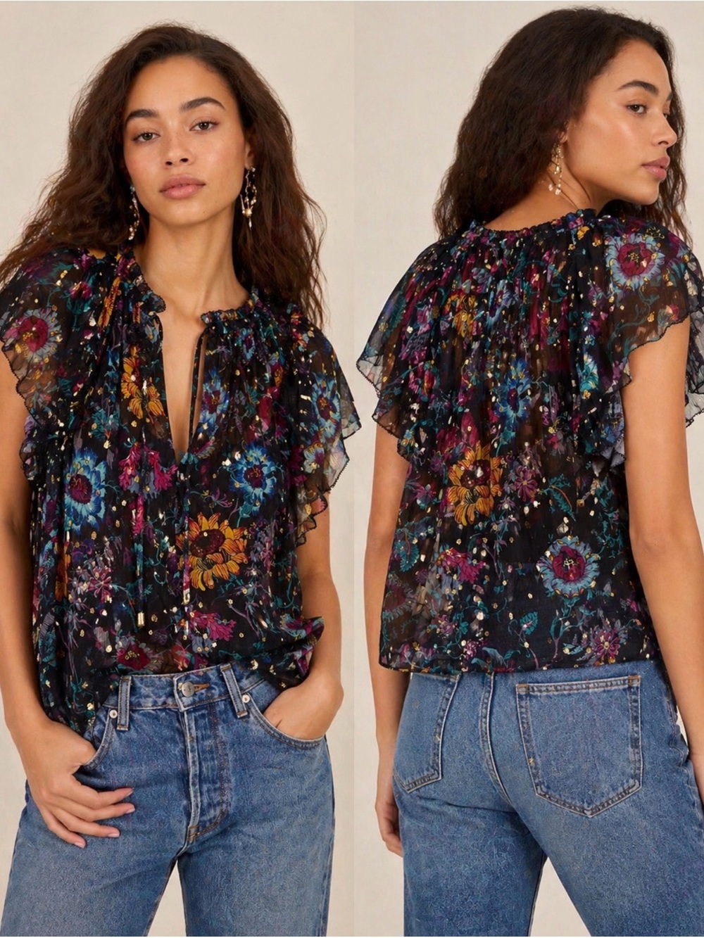 Ulla Johnson Black Sheer Floral Ruffle Blouse Size 0  P2P 23’
